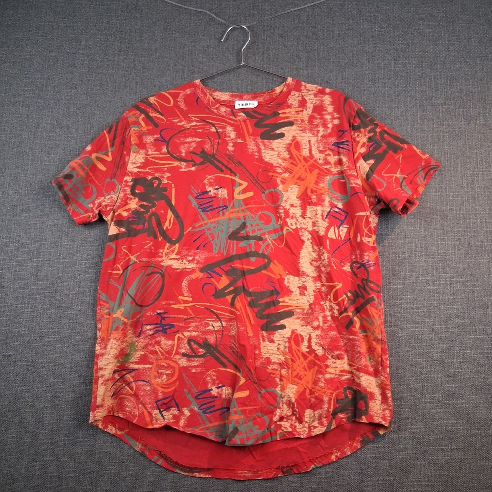 YININF Mens XL Graffiti Abstract Print T-Shirt Red Short Sleeve Curved Hem 8080